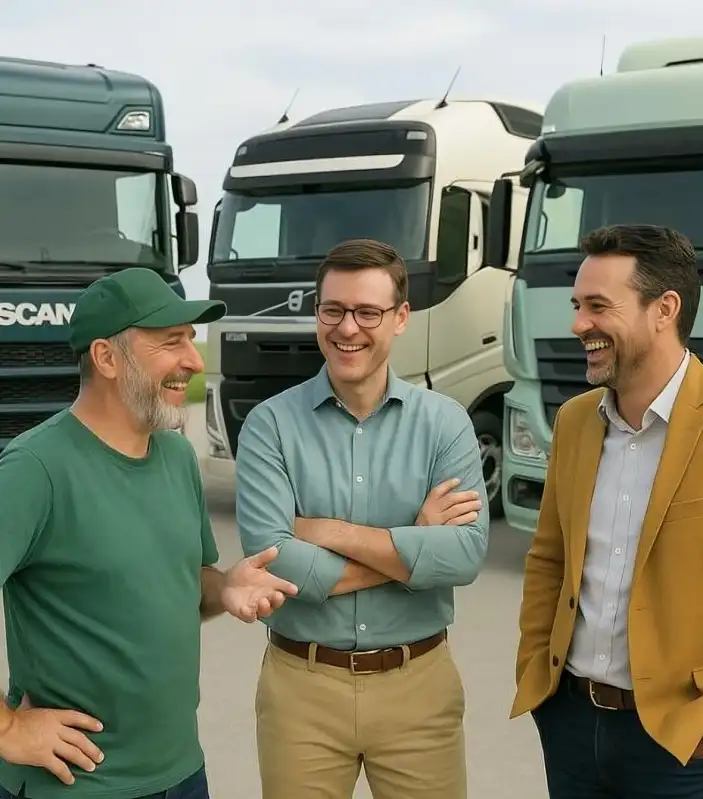Três homens conversando com três caminhões atrás.